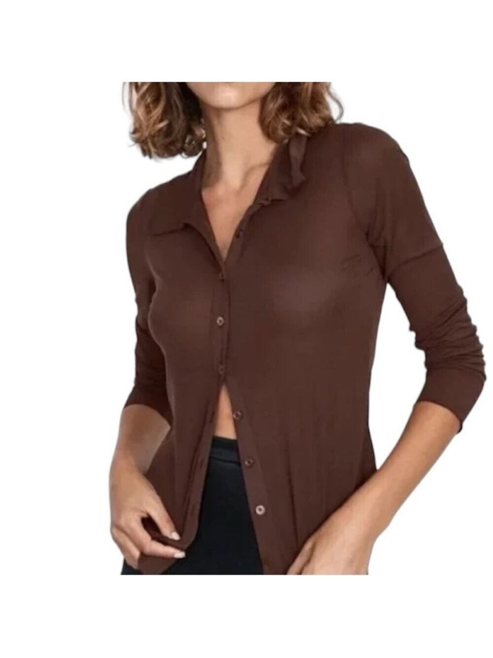 Aritzia Wilfred POSE brown sheer second skin button up blouse XXS